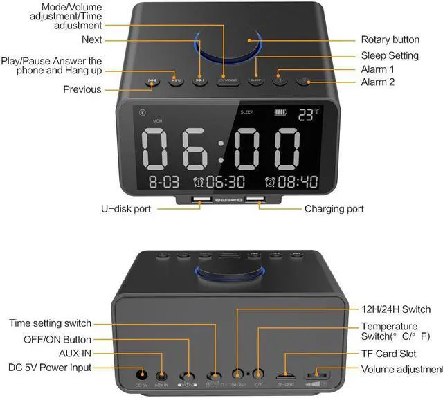 Alt view image 7 of 7 - Alarm Clock Radio Wireless Bluetooth Stereo Speaker Digital Alarm Clock for Heavy Sleepers with FM Radio/AUX-IN/ Snooze,Auto Dimmer,Cell Phone USB Charging Night Lights Lamp Large LED Display Bedroom