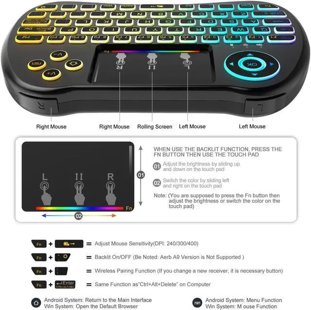 Alt view image 4 of 7 - Werleo 2.4GHz Colorful Backlit Mini Wireless Keyboard with Touchpad Mouse Rechargeable Combos for PC, Laptop,Pad, Google Android TV Box PS4 PS3 Xbox and More (Upgraded Version)