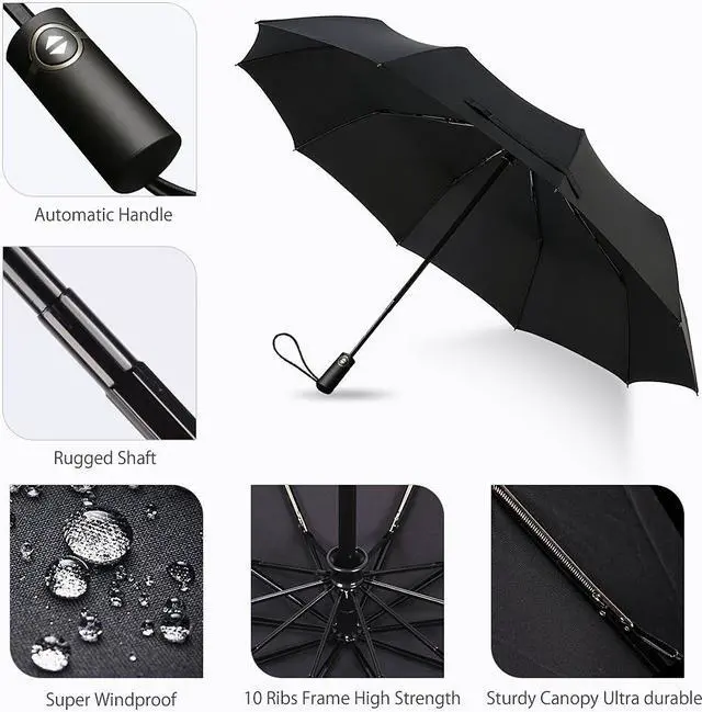 Alt view image 3 of 7 - Werleo Travel Umbrella,10 Ribs Finest Windproof Umbrella with Teflon Coating, Auto Open Close and Upgraded Comfort Handle - Gift Leather Cover