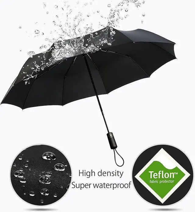 Alt view image 2 of 7 - Werleo Travel Umbrella,10 Ribs Finest Windproof Umbrella with Teflon Coating, Auto Open Close and Upgraded Comfort Handle - Gift Leather Cover