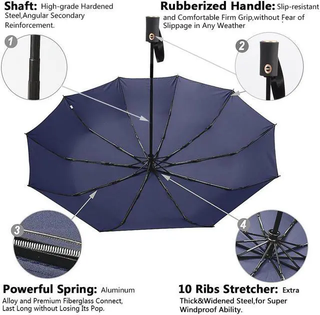Alt view image 4 of 6 - Werleo Newest 10 Ribs Travel Umbrella Golf Umbrella ,Best Compact Auto Open Close - 210T Finest Reinforced Windproof Umbrella,Foldable & Portable - Ultra Comfort Handle -  Blue