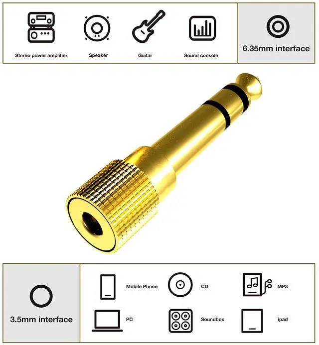 Alt view image 2 of 6 - Gold Plated 6.35mm (1/4 inch) Male to 3.5mm (1/8 inch) Female 4-Pack,Stereo Jack Adapter, SMALLElectric Male to Female