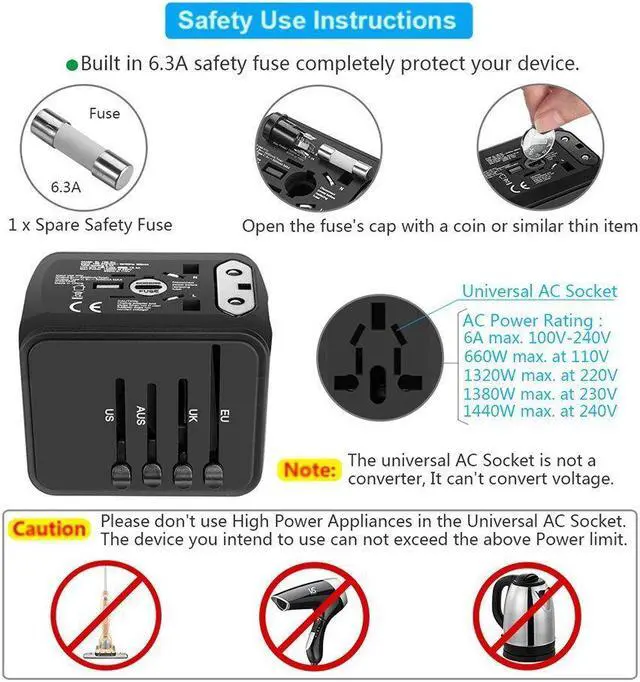 Alt view image 4 of 7 - Universal International Travel Power Adapter W/ High Speed 2.4A USB, 3.0A Type-C Wall Charger, European Adapter, Worldwide AC Outlet Plugs Adapters for Europe, UK, US, AU, Asia-Black