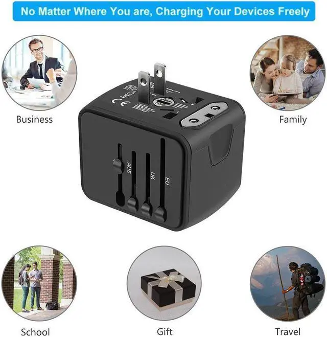 Alt view image 6 of 7 - Universal International Travel Power Adapter W/ High Speed 2.4A USB, 3.0A Type-C Wall Charger, European Adapter, Worldwide AC Outlet Plugs Adapters for Europe, UK, US, AU, Asia-Black