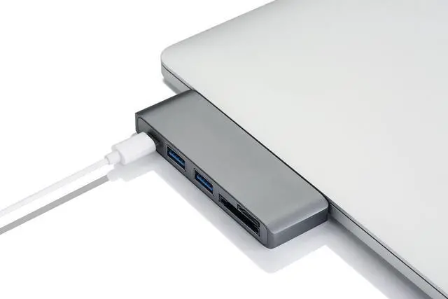 Alt view image 3 of 7 - USB Type C Hub Aluminum Adapter 5 in 1 Multi-Port Combo Converter with USB-C Charging Port, Type-C Pass Through, 2 USB 3.0 Ports, SD/Micro Card Reader for 2015/2016 MacBook and more (Space Grey)