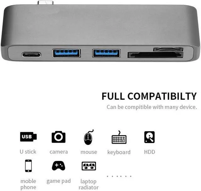 Alt view image 5 of 7 - USB Type C Hub Aluminum Adapter 5 in 1 Multi-Port Combo Converter with USB-C Charging Port, Type-C Pass Through, 2 USB 3.0 Ports, SD/Micro Card Reader for 2015/2016 MacBook and more (Space Grey)