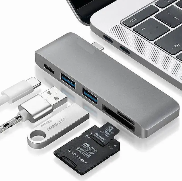 Main image of USB Type C Hub Aluminum Adapter 5 in 1 Multi-Port Combo Converter with USB-C Charging Port, Type-C Pass Through, 2 USB 3.0 Ports, SD/Micro Card Reader for 2015/2016 MacBook and more (Space Grey)