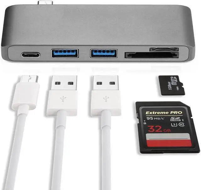 Alt view image 2 of 7 - USB Type C Hub Aluminum Adapter 5 in 1 Multi-Port Combo Converter with USB-C Charging Port, Type-C Pass Through, 2 USB 3.0 Ports, SD/Micro Card Reader for 2015/2016 MacBook and more (Space Grey)