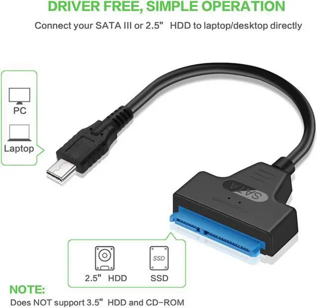 Alt view image 3 of 5 - Super Speed USB Type C USB-C to SATA 22 Pin 15+7 Pin 2.5" Hard Disk Driver SSD Adapter Data Power Cable with Blue LED Indicators, Play and Plug (SATA-USB 3.1 converter cable)