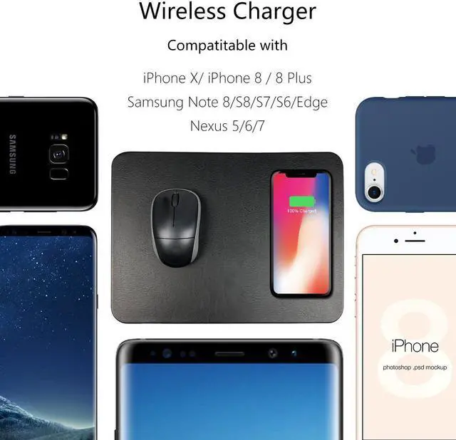 Alt view image 2 of 5 - Wireless Charger & Mouse Pad 2 in 1 Design for iPhone X / 8 / 8 Plus, Samsung Note 8 / S8 / S8+ / S8 plus / S7 / S6 Edge, Nexus 7 / 6 / 5 & All Qi Enabled Devices - BLACK [NO AC ADAPTER]