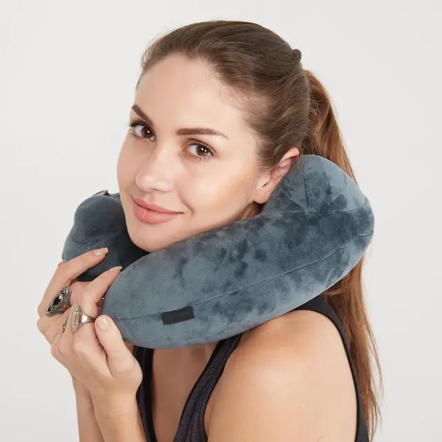 Alt view image 6 of 6 - Travel Pillow Soft Velvet Inflatable Neck Support Pillow Travel Cushion for Airplanes, Trains, Camping, Office Napping(Gray)
