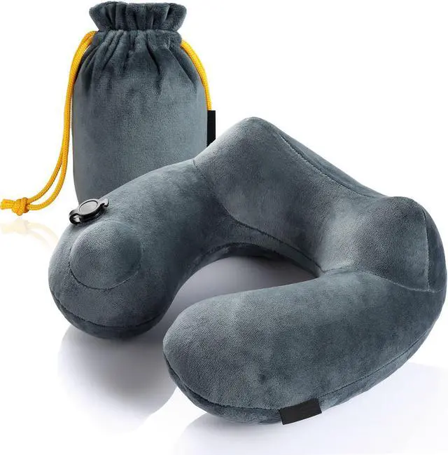 Main image of Travel Pillow Soft Velvet Inflatable Neck Support Pillow Travel Cushion for Airplanes, Trains, Camping, Office Napping(Gray)
