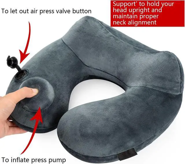 Alt view image 2 of 6 - Travel Pillow Soft Velvet Inflatable Neck Support Pillow Travel Cushion for Airplanes, Trains, Camping, Office Napping(Gray)