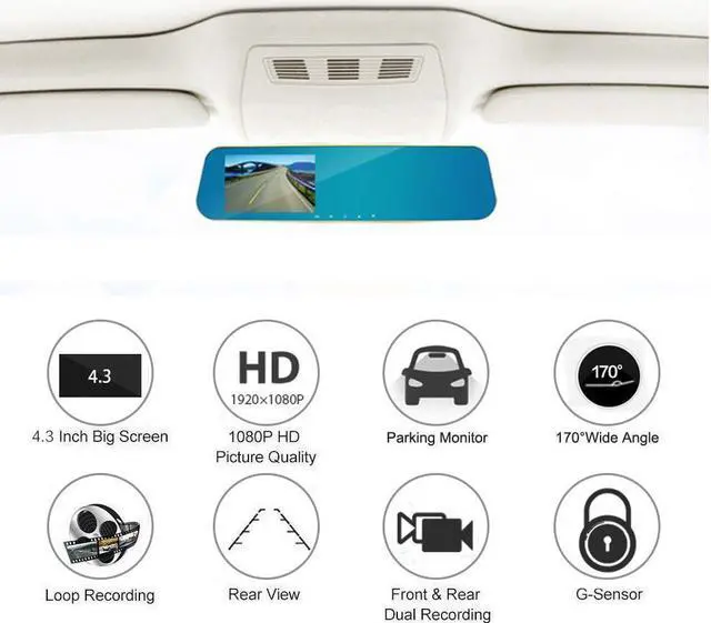 Alt view image 2 of 6 - 4.3" FHD 1080P Dual Lens Car Camera Dash Cam DVR Recorder 170°Wide Angle Front and Rear Mirror Backup Camera with G-Sensor, Loop Recording, Night Vision and Parking Mode