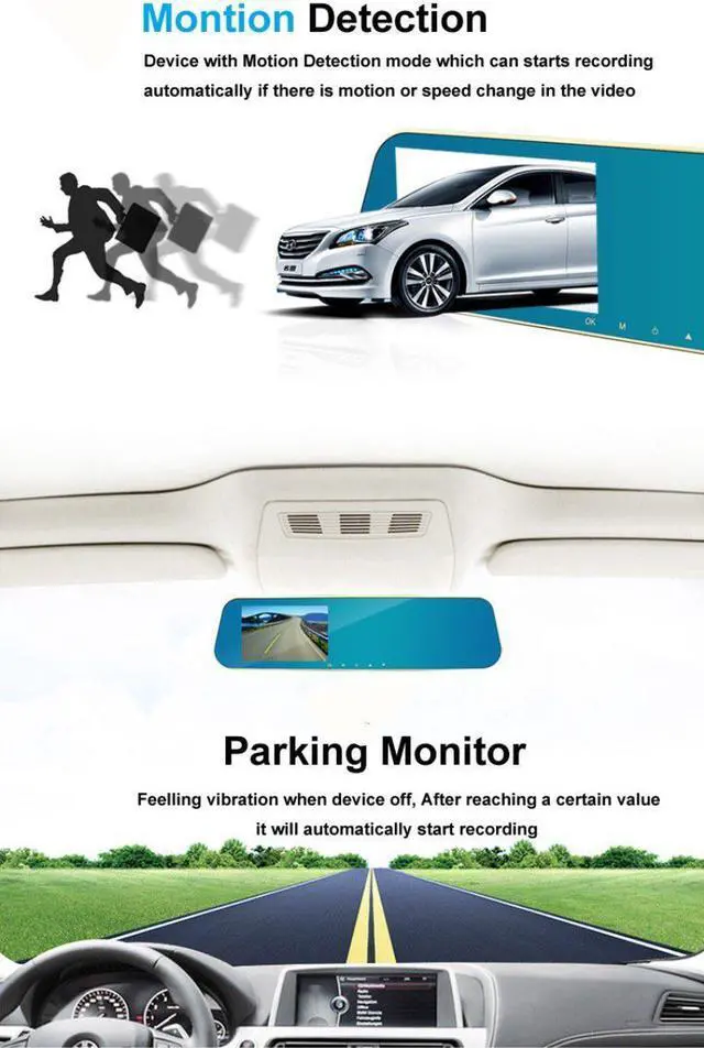 Alt view image 5 of 6 - 4.3" FHD 1080P Dual Lens Car Camera Dash Cam DVR Recorder 170°Wide Angle Front and Rear Mirror Backup Camera with G-Sensor, Loop Recording, Night Vision and Parking Mode