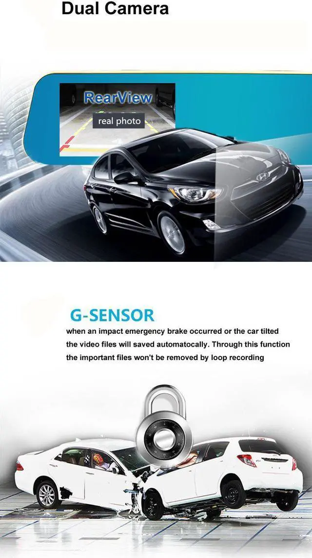 Alt view image 6 of 6 - 4.3" FHD 1080P Dual Lens Car Camera Dash Cam DVR Recorder 170°Wide Angle Front and Rear Mirror Backup Camera with G-Sensor, Loop Recording, Night Vision and Parking Mode