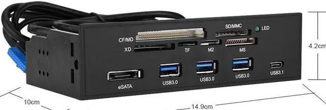 Alt view image 4 of 7 - 5.25 inch PC Computer Front panel All-in-1 Multifunction card reader with 3ports USB3.0,Type-C, eSATA ,Support M2, MSO, SD, MS, XD, 64G CF card (STW-3125),PC Panel 5.25" multifunctional Card Reader
