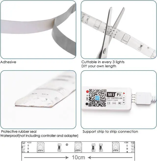 Alt view image 7 of 7 - LED Light Strip RGB Strip Lights LED Tape Lights Compatible with Alexa and Google Home 150 5050 SMD LEDs Smart Wifi Strip Lights