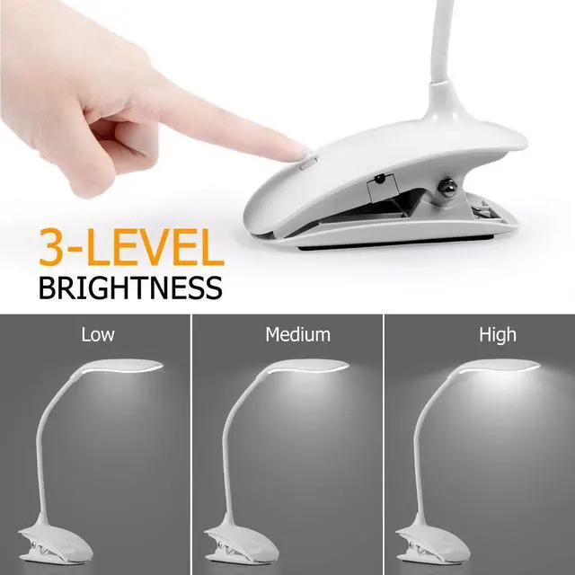 Alt view image 2 of 6 - Clip on Reading Light for Bed, 3 Level Brightness LED Book Light, Rechargeable & Portable Desk Light, 360° Adjustable, Touch Control, Dimmable, Eyesight Protection for Travel, Read, Study