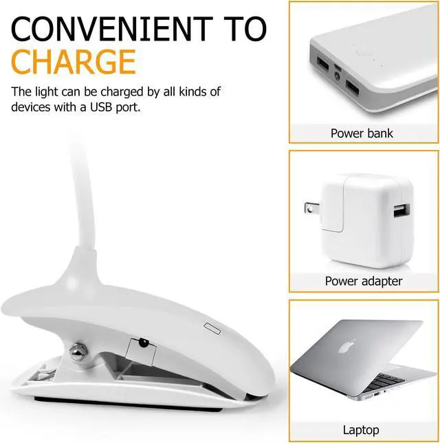 Alt view image 3 of 6 - Clip on Reading Light for Bed, 3 Level Brightness LED Book Light, Rechargeable & Portable Desk Light, 360° Adjustable, Touch Control, Dimmable, Eyesight Protection for Travel, Read, Study