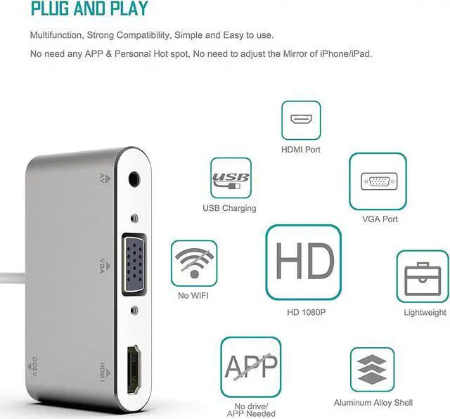 Alt view image 3 of 7 - Lightning to HDMI VGA AV Adapter Converter 4 IN 1 Plug and Play HDMI VGA Audio AV Multiport Digital Connector with Power Supply Port for iPhone XS Max X 8 7 6 6s 5 iPad iPod on HDTV Projector