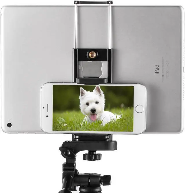 Alt view image 3 of 7 - 2 in 1 Universal Tablet iPad Mount Holder Tripod Adapter & Phone Mount Tripod Adapter, Tablet Tripod Holder, Use for both Tablet and Cellphone, Fits on Tripod, Monopod, Selfie Stick, etc.
