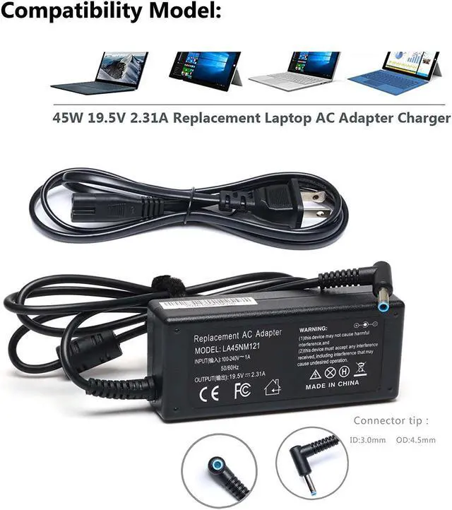 Alt view image 2 of 6 - 19.5V 2.31A 45W Ac Adapter /Laptop Charger /Power supply for HP 15-ay117cl 15-ay137cl 15-ay198nr 15-ay009dx 15-ay196nr;13-ab016nr 11-ab011dx 15-ba010nr;14-ak040nr 14-ak050nr 15-bk193ms