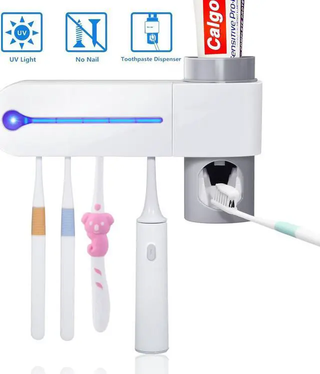 Main image of UV Toothbrush Holder, Automatic Toothpaste Dispenser + 5 Toothbrush Sterilizer Holder Wall Mounted with Sticker for Oral-B Toothbrush Women Kids Baby Bathroom