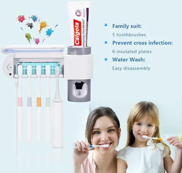 Alt view image 5 of 7 - UV Toothbrush Holder, Automatic Toothpaste Dispenser + 5 Toothbrush Sterilizer Holder Wall Mounted with Sticker for Oral-B Toothbrush Women Kids Baby Bathroom