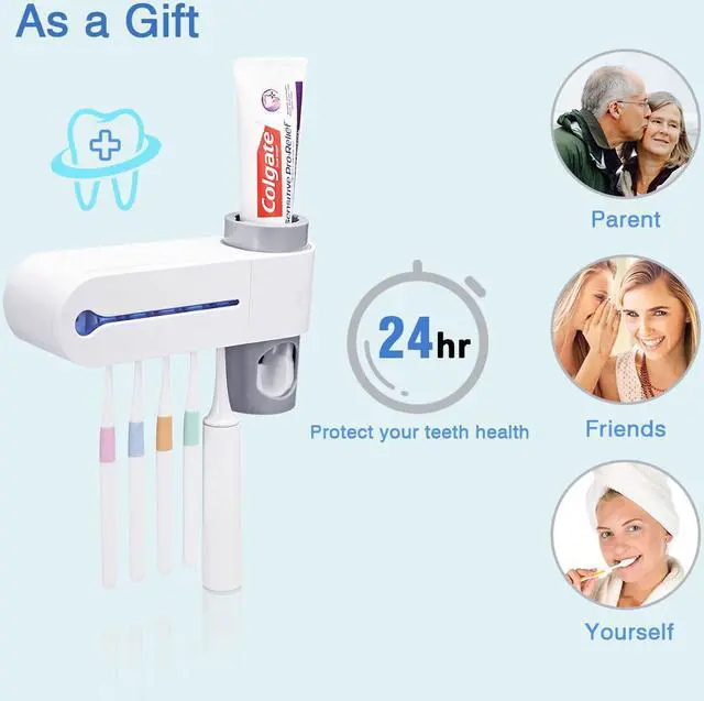 Alt view image 3 of 7 - UV Toothbrush Holder, Automatic Toothpaste Dispenser + 5 Toothbrush Sterilizer Holder Wall Mounted with Sticker for Oral-B Toothbrush Women Kids Baby Bathroom