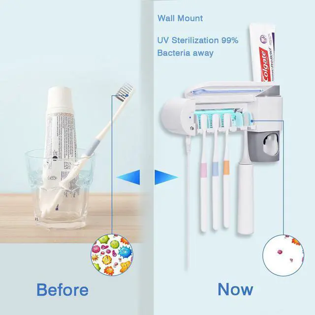 Alt view image 4 of 7 - UV Toothbrush Holder, Automatic Toothpaste Dispenser + 5 Toothbrush Sterilizer Holder Wall Mounted with Sticker for Oral-B Toothbrush Women Kids Baby Bathroom
