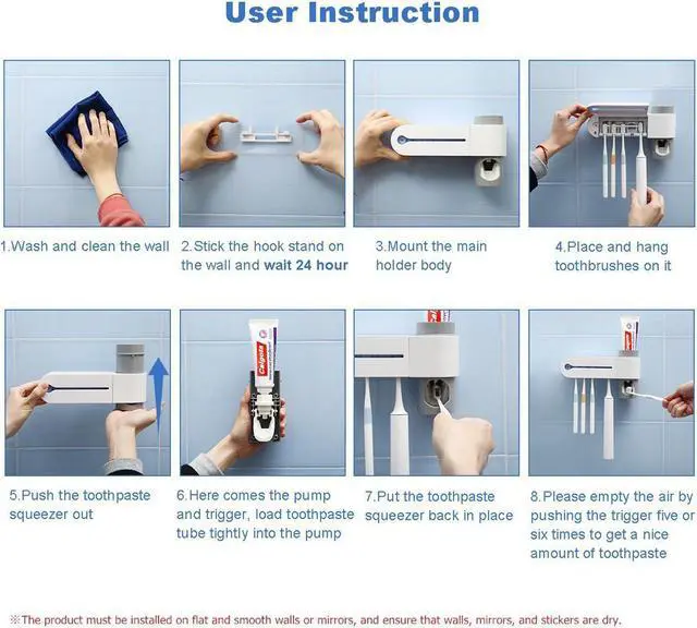 Alt view image 7 of 7 - UV Toothbrush Holder, Automatic Toothpaste Dispenser + 5 Toothbrush Sterilizer Holder Wall Mounted with Sticker for Oral-B Toothbrush Women Kids Baby Bathroom