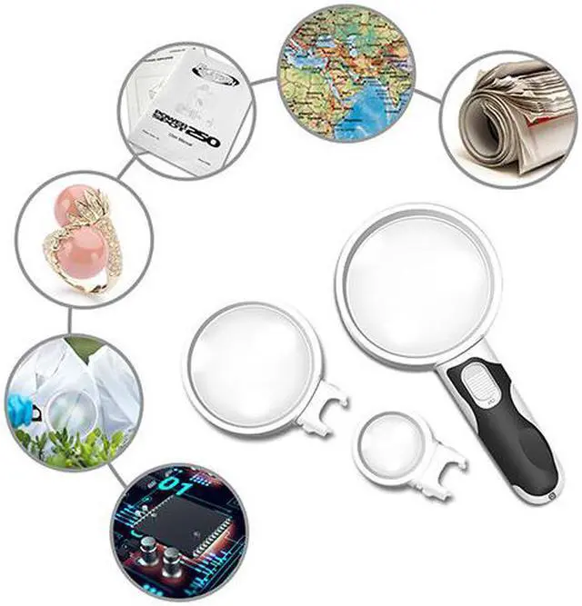 Alt view image 7 of 7 - LED Magnifying Glass - Lighted Magnifier Detachable Illuminated Lenses 2.5X, 5X, 16X, 3 In 1 Handheld Magnifying Glass 2 LED Lights, Magnifier Set For Seniors, Maps, Jewelry, Coin Collectors