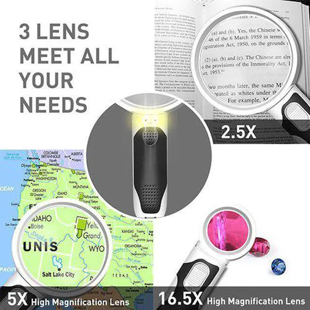Alt view image 5 of 7 - LED Magnifying Glass - Lighted Magnifier Detachable Illuminated Lenses 2.5X, 5X, 16X, 3 In 1 Handheld Magnifying Glass 2 LED Lights, Magnifier Set For Seniors, Maps, Jewelry, Coin Collectors