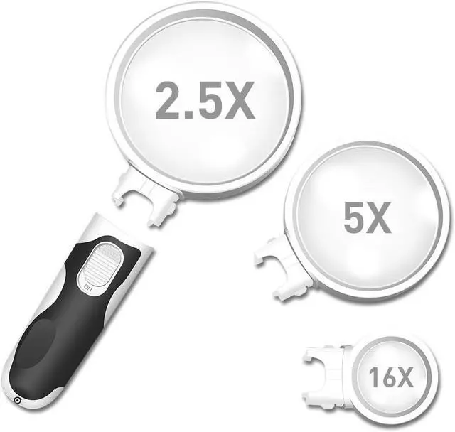 Main image of LED Magnifying Glass - Lighted Magnifier Detachable Illuminated Lenses 2.5X, 5X, 16X, 3 In 1 Handheld Magnifying Glass 2 LED Lights, Magnifier Set For Seniors, Maps, Jewelry, Coin Collectors