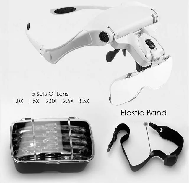 Alt view image 4 of 7 - Headband Magnifier With LED Light, Handsfree Reading Head Mount Magnifier Glasses Light Bracket 5 Replaceable Lenses for Reading, Jewelry Loupe, Watch Electronic Repair 1.0X 1.5X 2.0X 2.5X 3.5X