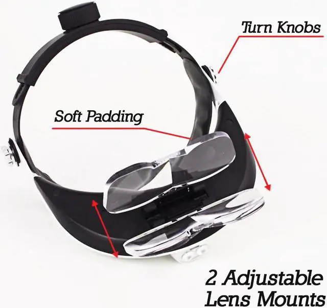 Alt view image 2 of 7 - Head Mount Magnifier Headband LED Lamp Light with 5 Prime Replaceable and Interchangeable Magnifier PC Lenses : 1.0X, 1.5X, 2.0X, 2.5X, 3.5X | Fit Any Head Size, Black and White
