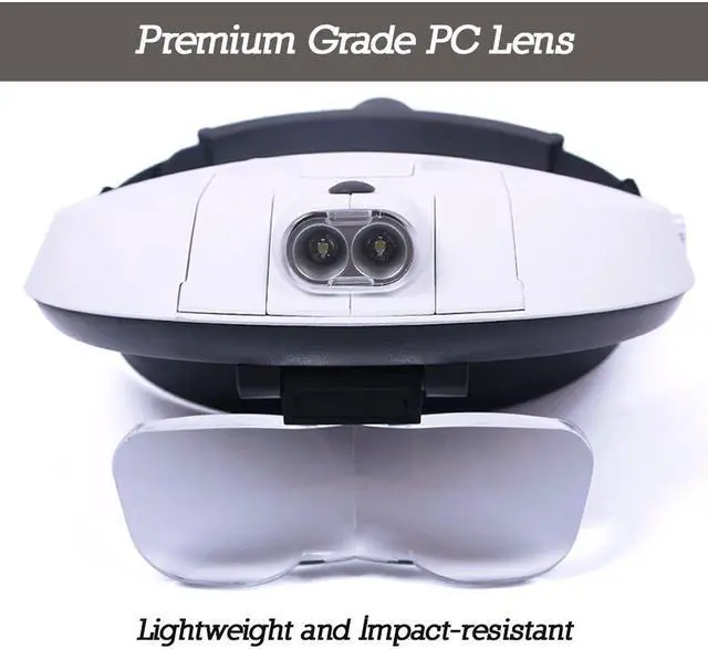 Alt view image 3 of 7 - Head Mount Magnifier Headband LED Lamp Light with 5 Prime Replaceable and Interchangeable Magnifier PC Lenses : 1.0X, 1.5X, 2.0X, 2.5X, 3.5X | Fit Any Head Size, Black and White