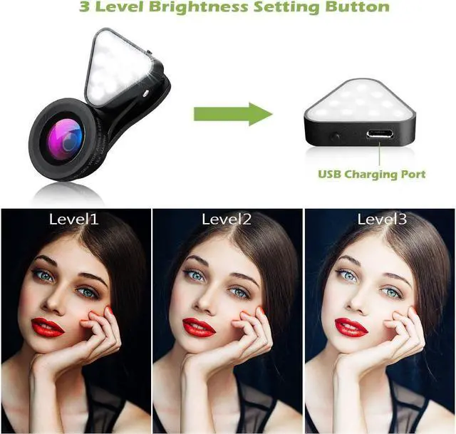 Alt view image 3 of 7 - 3 in 1 Cell Phone Lens Kit, 10 LED Rechargeable Beauty Selfie Light, 15X Macro Lens, 0.4X-0.6X Wide Angle Lens, 3 Adjustable Brightness Fill Light for iPhone, Samsung & Most Smartphones