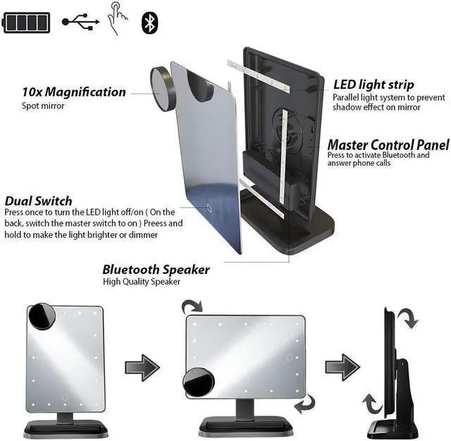 Alt view image 4 of 7 - Makeup Mirror with Wireless Bluetooth Speaker USB Chargeable with LED Lights Mirror Removable 10x Magnifier 180° Rotation Vanity Mirror with Lights