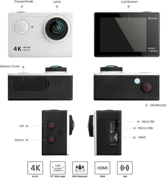 Alt view image 2 of 7 - Action Camera 4K WiFi Ultra HD Waterproof Sport Camera 12 MP 170 Degree 2 Inch LCD Screen Remote Control 2Pcs Batteries 19 Accessories -Silver