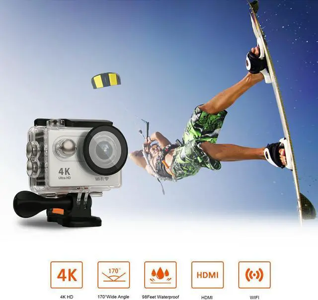 Alt view image 4 of 7 - Action Camera 4K WiFi Ultra HD Waterproof Sport Camera 12 MP 170 Degree 2 Inch LCD Screen Remote Control 2Pcs Batteries 19 Accessories -Silver