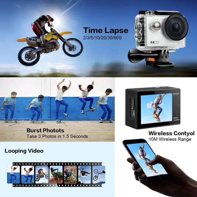 Alt view image 3 of 7 - Action Camera 4K WiFi Ultra HD Waterproof Sport Camera 12 MP 170 Degree 2 Inch LCD Screen Remote Control 2Pcs Batteries 19 Accessories -Silver