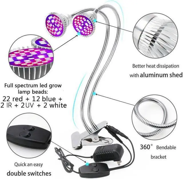 Alt view image 4 of 7 - Dual Head LED Grow Light, 60W Full Spectrum Desk Clip Plant Lamp Bulb with Double Flexible Gooseneck and Individual Switch for Home Office Indoor Plants Hydroponic Greenhouse