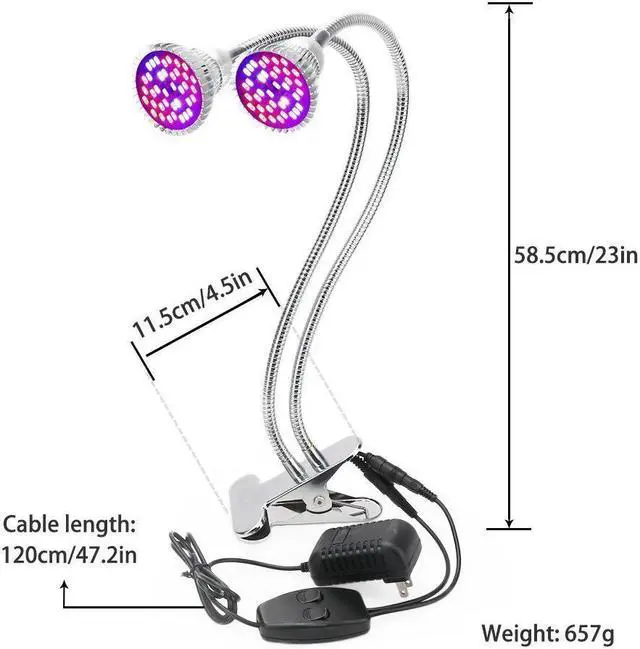 Alt view image 3 of 7 - Dual Head LED Grow Light, 60W Full Spectrum Desk Clip Plant Lamp Bulb with Double Flexible Gooseneck and Individual Switch for Home Office Indoor Plants Hydroponic Greenhouse