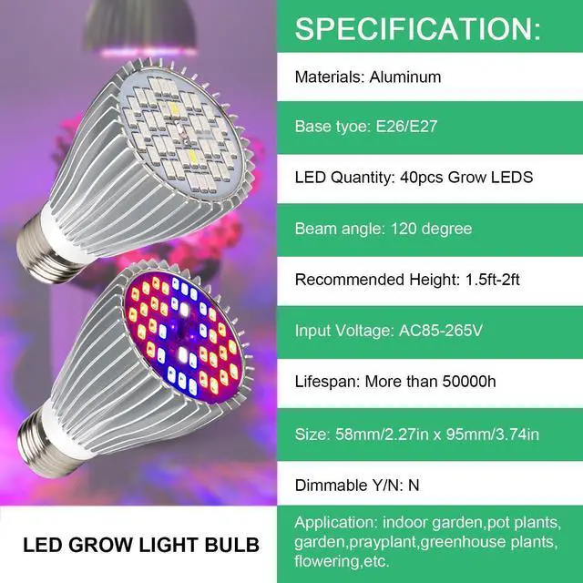 Alt view image 6 of 7 - LED Grow Light Bulb,30W Full Spectrum Grow bulbs for Indoor Plants Hydroponic,Plant lights Bulbs for Succulent Flowers Tobacco Vegetable Seedling (E26 / E27)