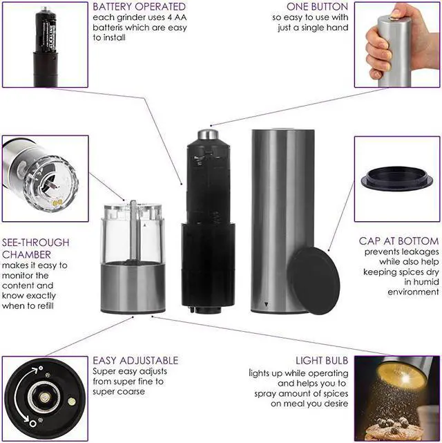 Alt view image 3 of 7 - Electric Salt and Pepper Grinder Set | Battery Operated Stainless Steel Grinders (Pack of 2) | Automatic Mills with LED Light and Caps at Bottom | Electronic Adjustable Shakers
