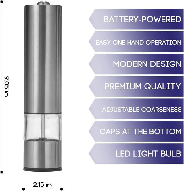 Alt view image 5 of 7 - Electric Salt and Pepper Grinder Set | Battery Operated Stainless Steel Grinders (Pack of 2) | Automatic Mills with LED Light and Caps at Bottom | Electronic Adjustable Shakers