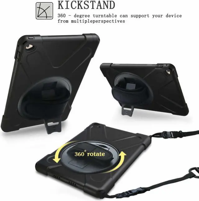 Alt view image 2 of 7 - iPad Air2 case Heavy Duty Full-body Rugged Protective Case with Shoulder Strap / Hand Strap Rotating kickstand Three-Layer shockproof Silicone, Hard case cover for iPad Air 2 iPad 6 (2014)