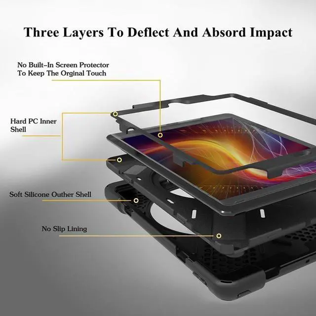 Alt view image 3 of 7 - iPad Air2 case Heavy Duty Full-body Rugged Protective Case with Shoulder Strap / Hand Strap Rotating kickstand Three-Layer shockproof Silicone, Hard case cover for iPad Air 2 iPad 6 (2014)